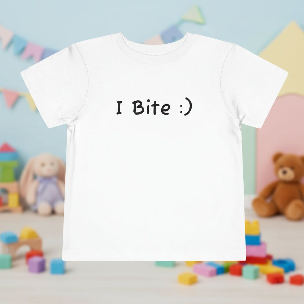 White t-shirt with 'I Bite :)' text on a white background