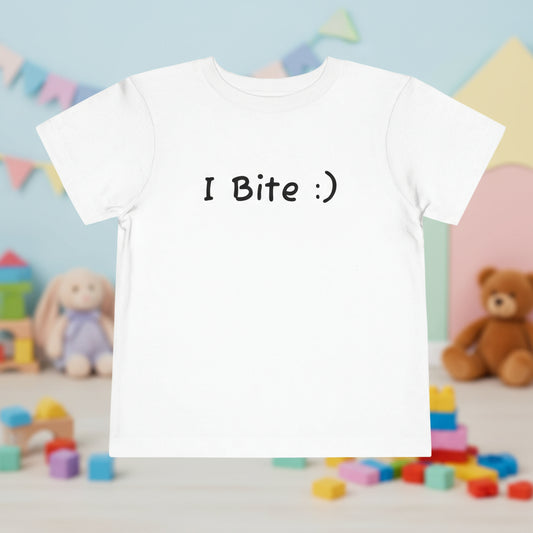 White t-shirt with 'I Bite :)' text on a white background