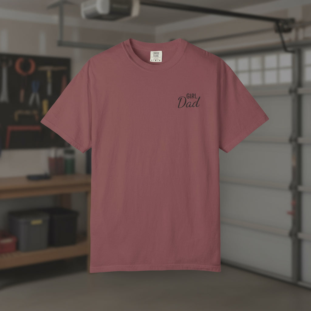 Brick Red t-shirt with 'Girl Dad' text in a garage setting