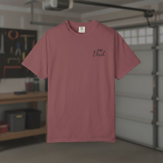 Brick Red t-shirt with 'Girl Dad' text in a garage setting