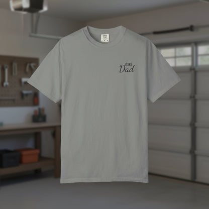 Gray t-shirt with 'Girl Dad' text in a garage setting