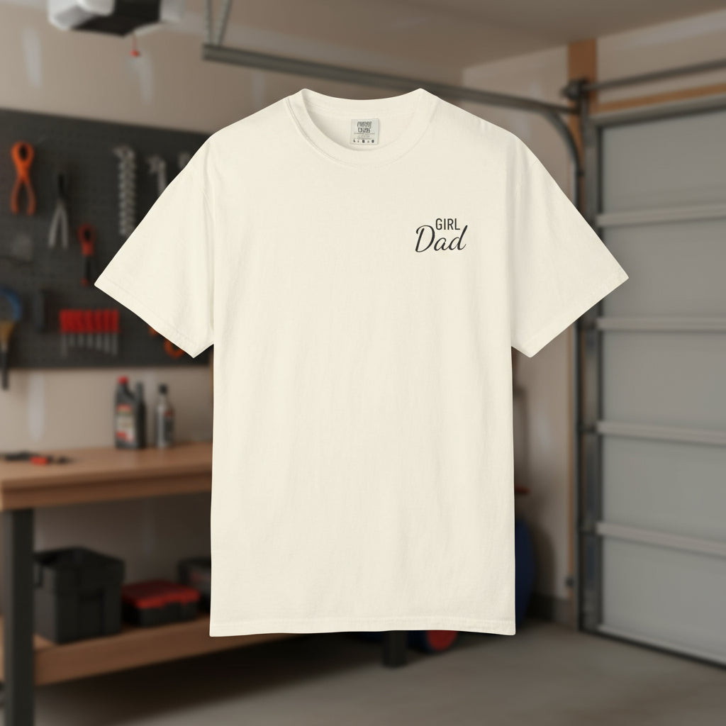 Ivory t-shirt with 'Girl Dad' text in a garage setting