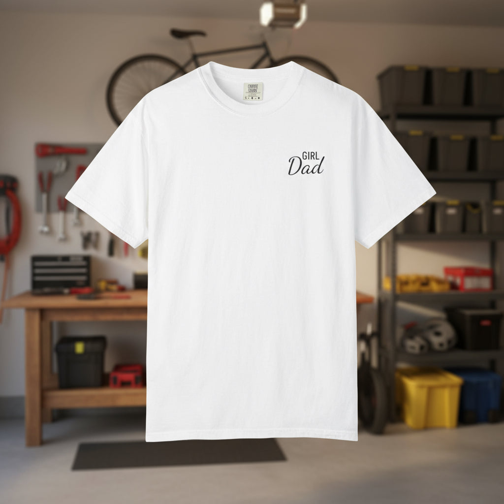 White t-shirt with 'Girl Dad' text in a garage setting