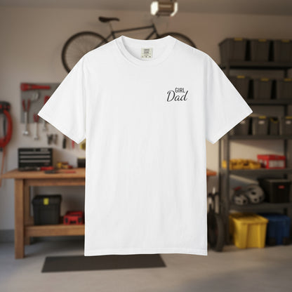 White t-shirt with 'Girl Dad' text in a garage setting