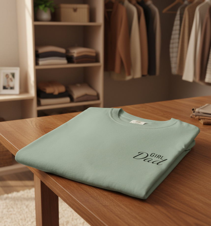 Folded green t-shirt with 'Girl Dad' text on a wooden table in a room with shelves and hanging clothes.