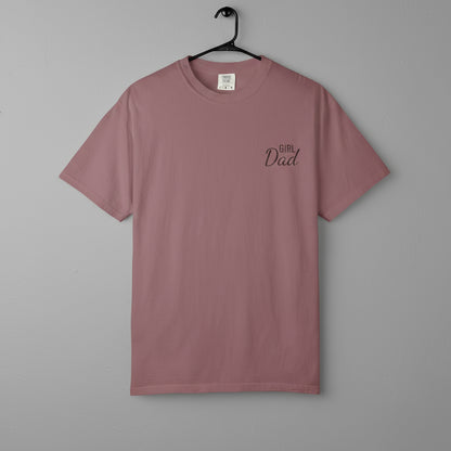 Mauve t-shirt with 'Girl Dad' text on a gray background