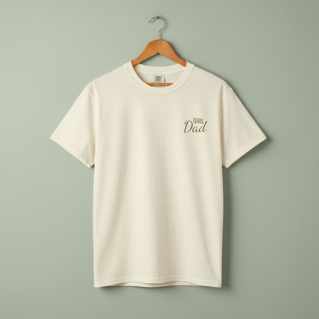 Beige t-shirt with 'Girl Dad' text on a hanger against a light green background