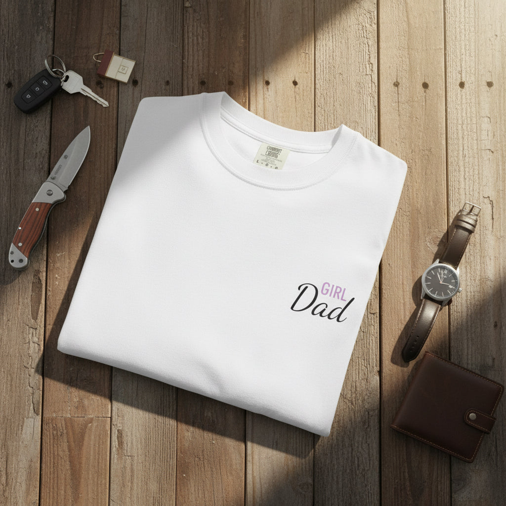 White t-shirt with 'Girl Dad' text on a white background
