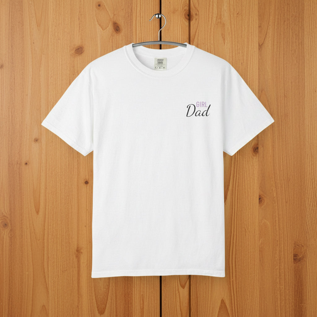 White t-shirt with 'Girl Dad' text on a white background