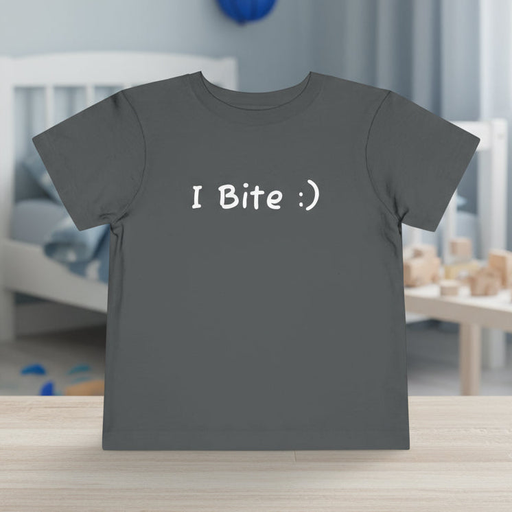 Gray t-shirt with 'I Bite :)' text on a white background