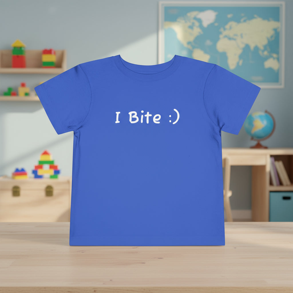 Blue t-shirt with 'I Bite :)' text on a wooden surface with educational items in the background