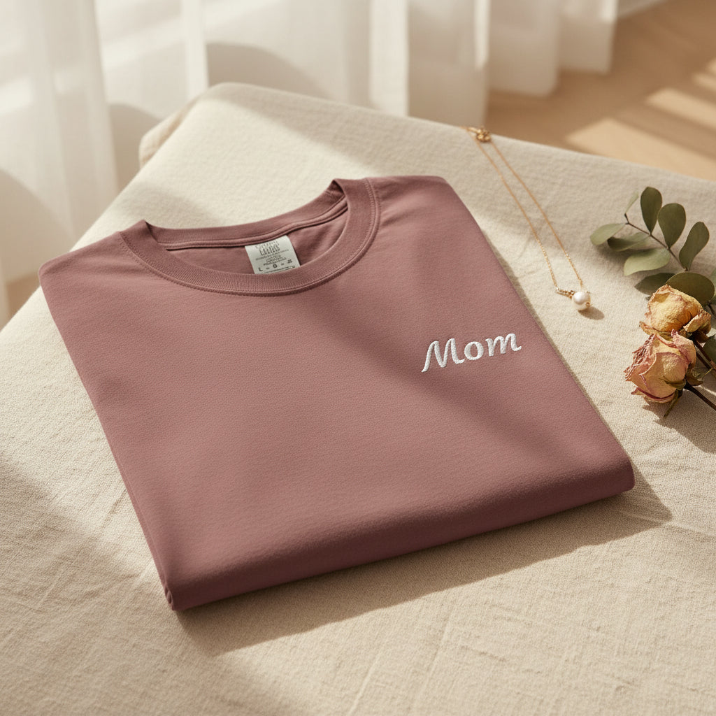 Mom Script Embroidered Comfort Color T-Shirt