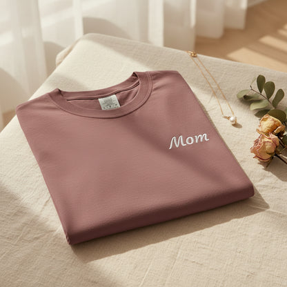 Mom Script Embroidered Comfort Color T-Shirt